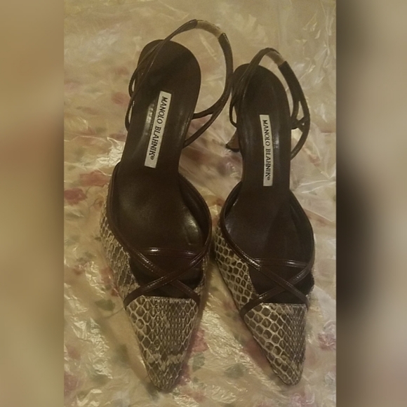Manolo Blahnik Snakeskin Leather Shoes Brown/Beige - Picture 3 of 8